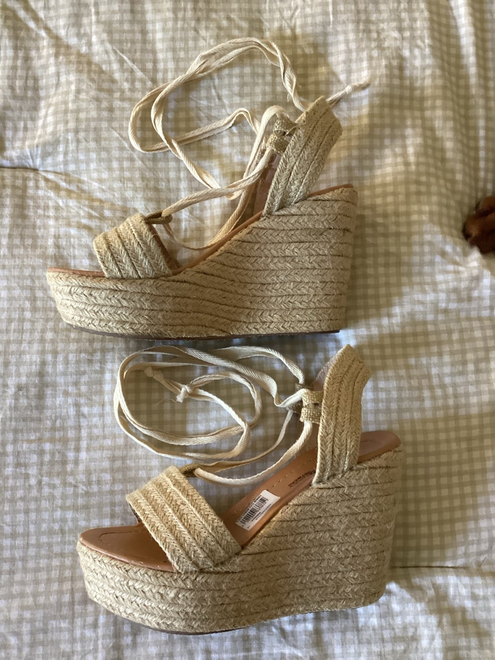 Neutral Espadrille Wedge Sandals with Lace-Up Ankle Tie